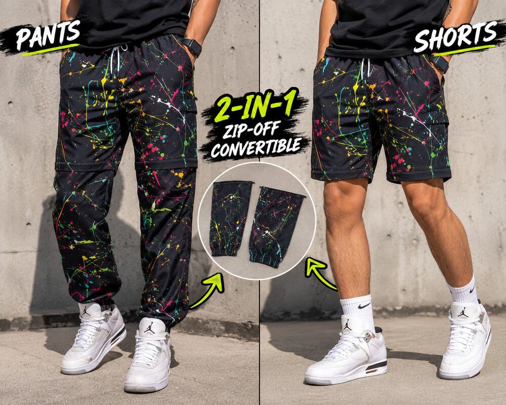 FG Guy Creation Paint Splatter Convertible Zip-Off Cargo Pants Shorts M
